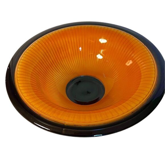 Vintage Art Deco Molded Orange And Black Cased Ribbed Fluted Bowl - Picture 6 of 16